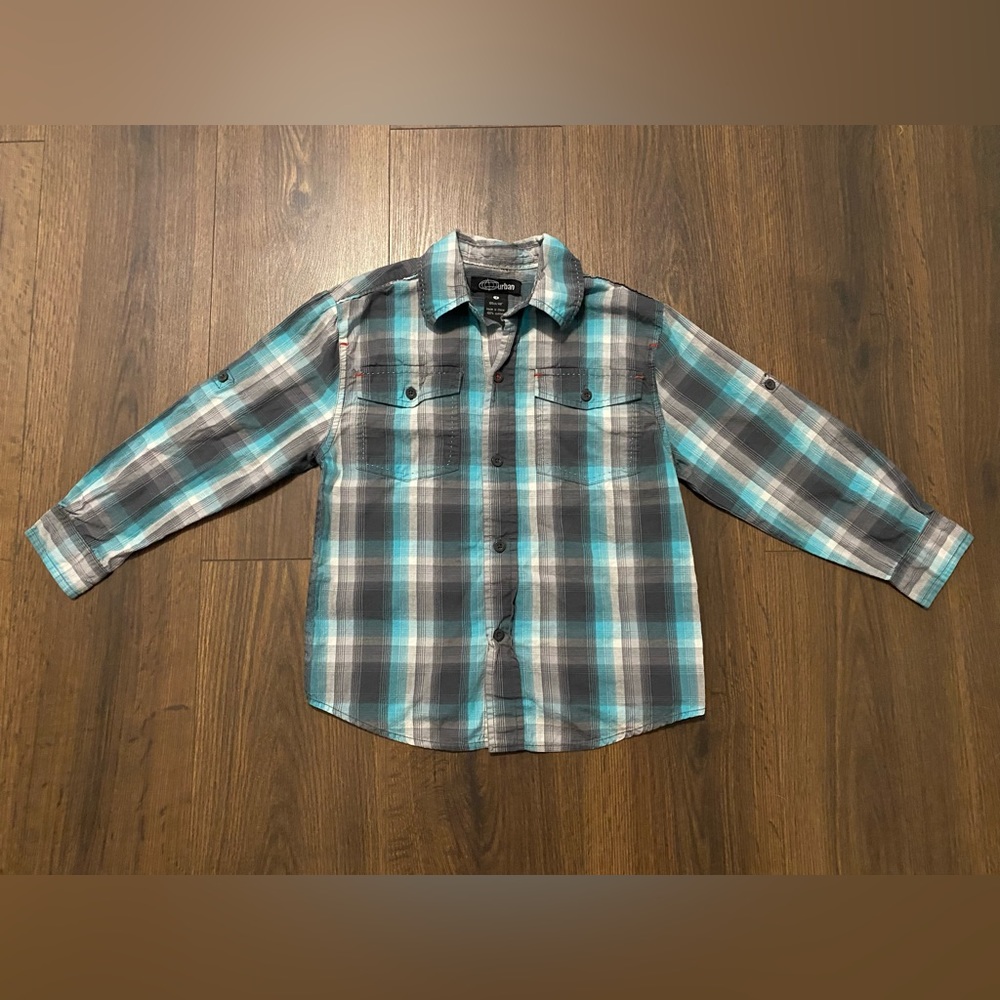 Boy’s Urban Blue & Grey Plaid Button Up Shirt 7